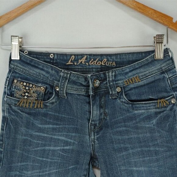 LA Idol Bootcut Jeans Women's Size 1 Rhinestone Embellishments Embroidery Rodeo - Picture 3 of 9